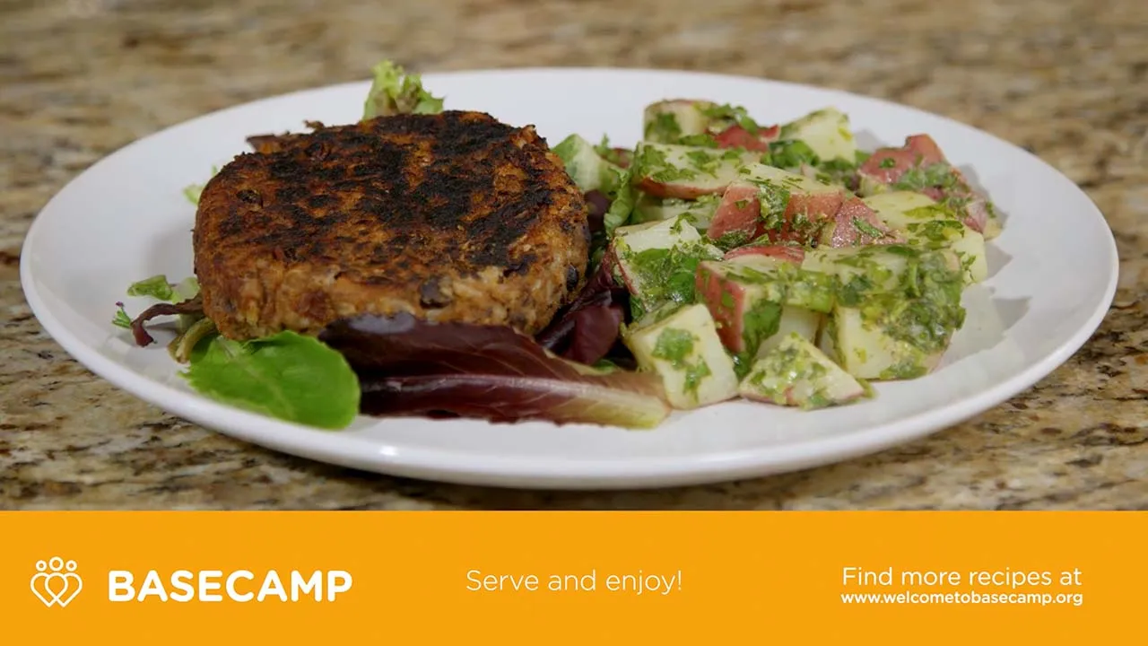Still from a heart-healthy recipe video featuring bean burgers